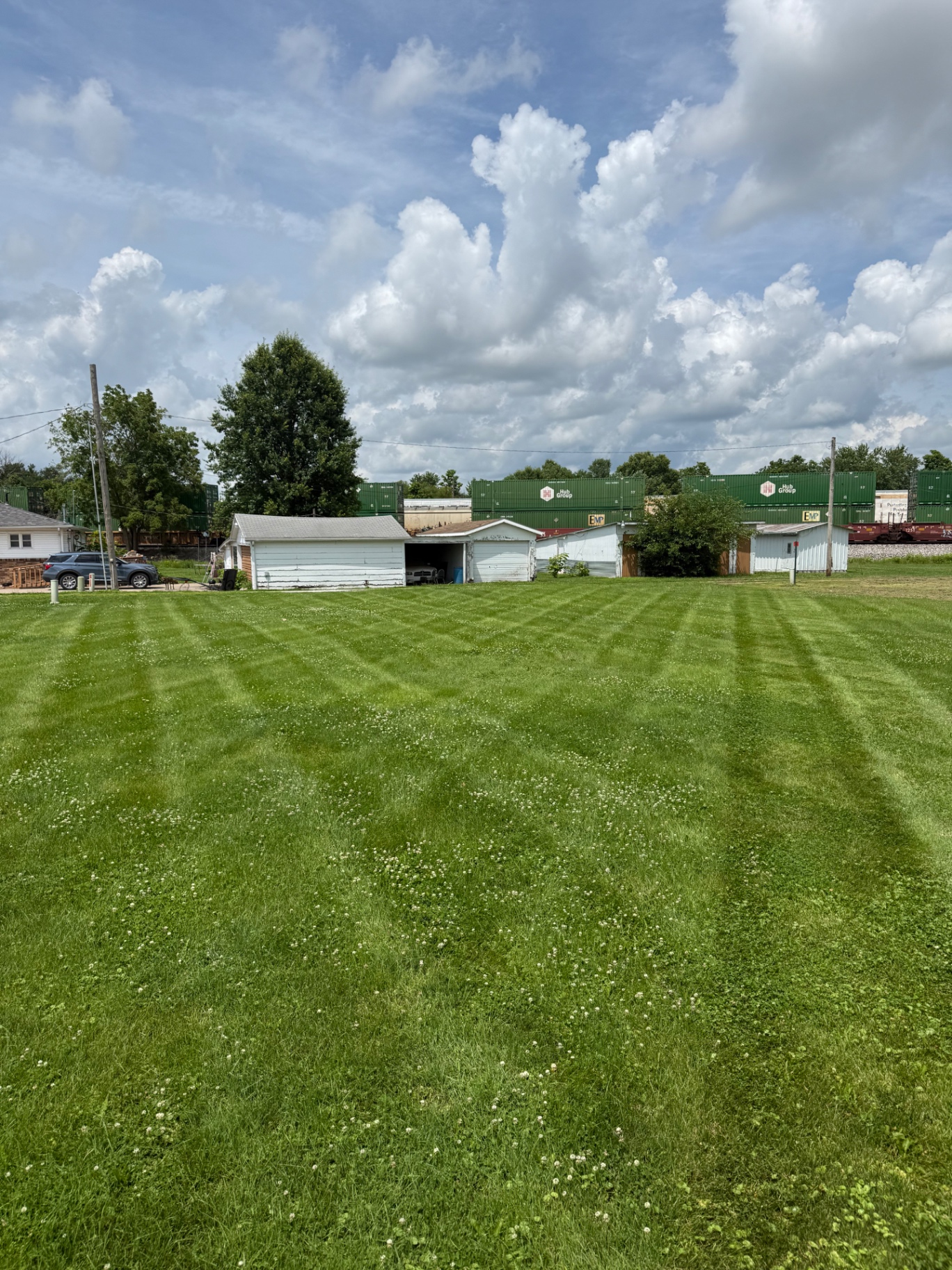 Large yard mowed in even rows